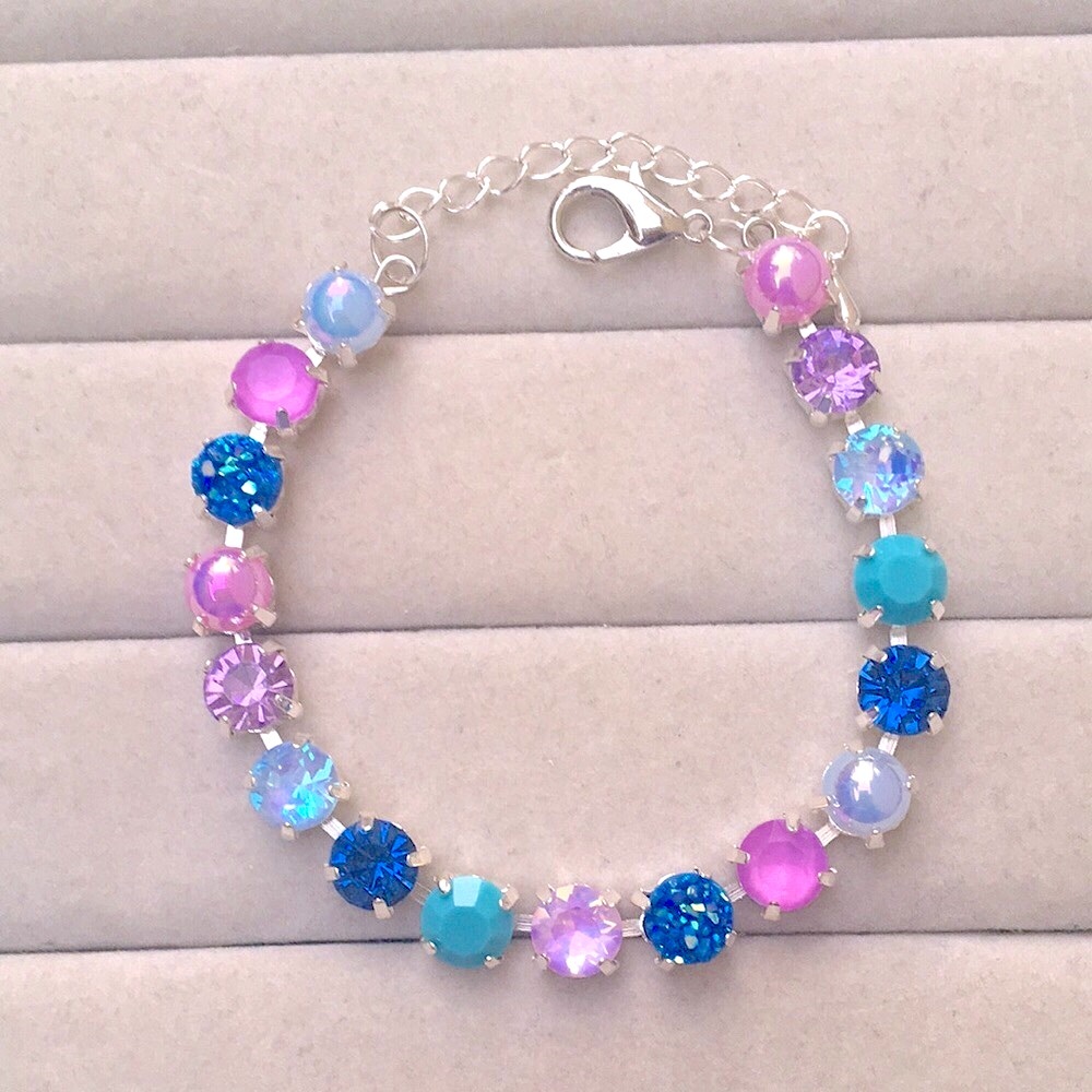 Sapphire, Purple +Periwinkle Opal Aurora Borealis Silver Crystal Tennis Bracelet - Picture 5 of 8